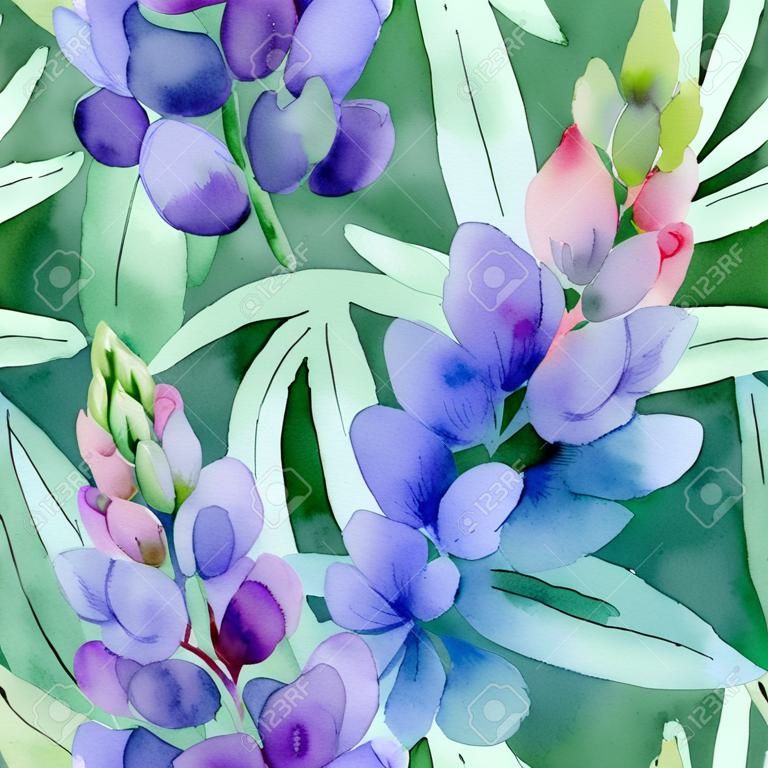 Virágmintás. Akvarell zökkenőmentes hátteret. Violet csillagfürt és zöld háttér