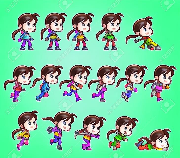 Action-Girl Game Sprites. Action-Girl Spiel Sprites für Side-Scrolling-Action-Abenteuer endlose Läufer 2D-Handy-Spiel.
