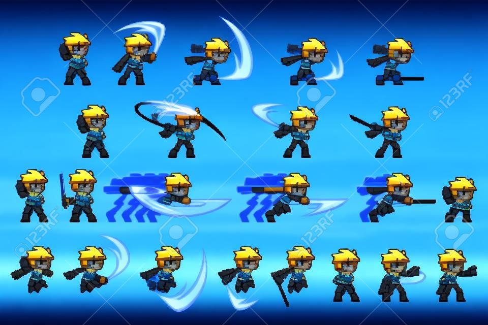 Blue Ninja Boy Attack Game Sprites. Suitable for side scrolling, action, and adventure game.