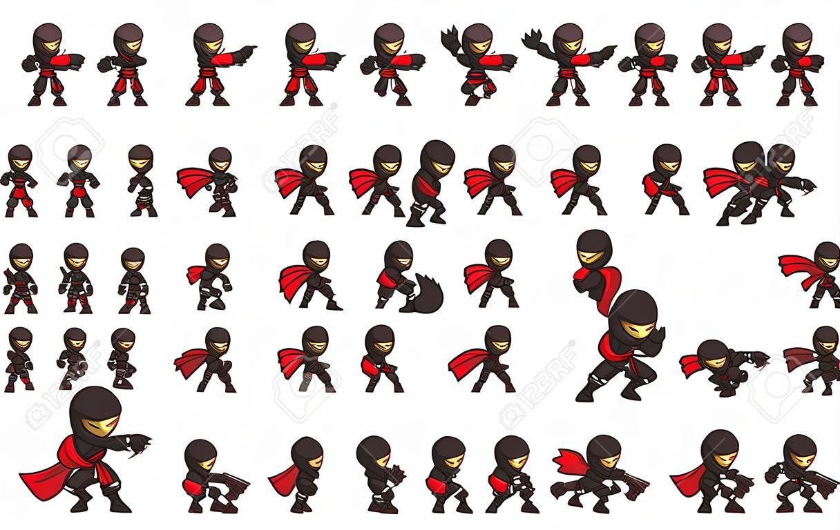 Black Ninja Game Sprites. Adequado para rolagem lateral, ação e jogo de aventura.