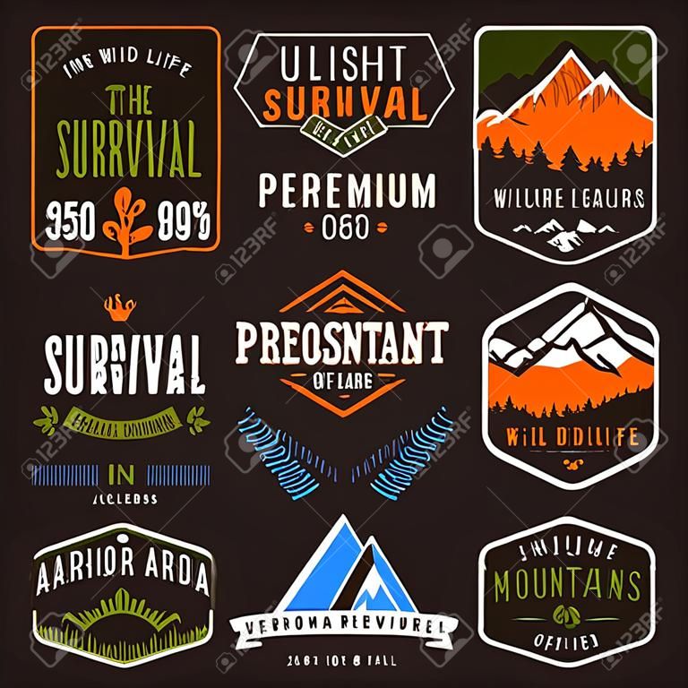 Conjunto de etiquetas vetoriais premium sobre os temas da vida selvagem, natureza, caça, viagens, natureza selvagem, escalada, vida nas montanhas, sobrevivência, retro, vintage, design casual