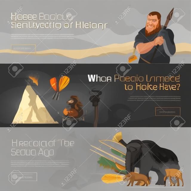 Great vector set of web banners for your projects. Primitive man. Ice age. Cavemen. Stone age. Neanderthals. Homo sapiens. Extinct species. Evolution. Hunting Flat design.