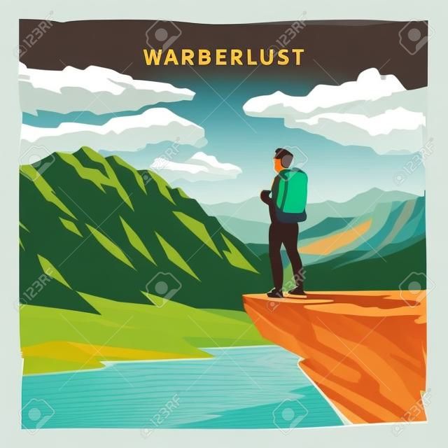 在登山健行徒步运动户外休闲冒险性质的假期Wanderlust Downshifting复古平面海报的主题Web矢量图