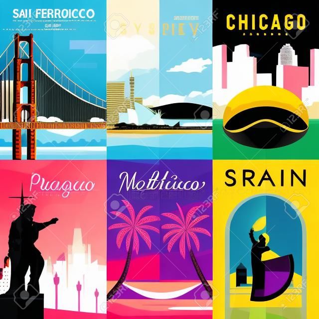 벡터 복고풍 포스터를 설정합니다. 샌프란시스코, 미국. 호주 시드니. 미국 시카고 프라하 체코 공화국 몰디브 스페인