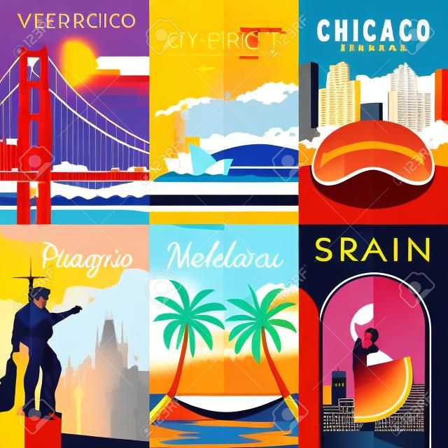 벡터 복고풍 포스터를 설정합니다. 샌프란시스코, 미국. 호주 시드니. 미국 시카고 프라하 체코 공화국 몰디브 스페인