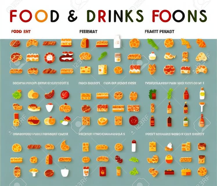 Food and drink flat vector icons set. Meat, milk, bread, seafood, fruits, vegetables, alcohol fast food dessert