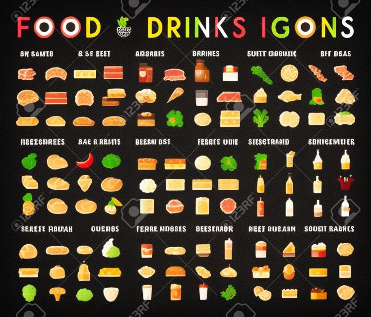 食品和飲料平矢量圖標設置。肉類，牛奶，麵包，海鮮，水果，蔬菜，酒類快餐甜品