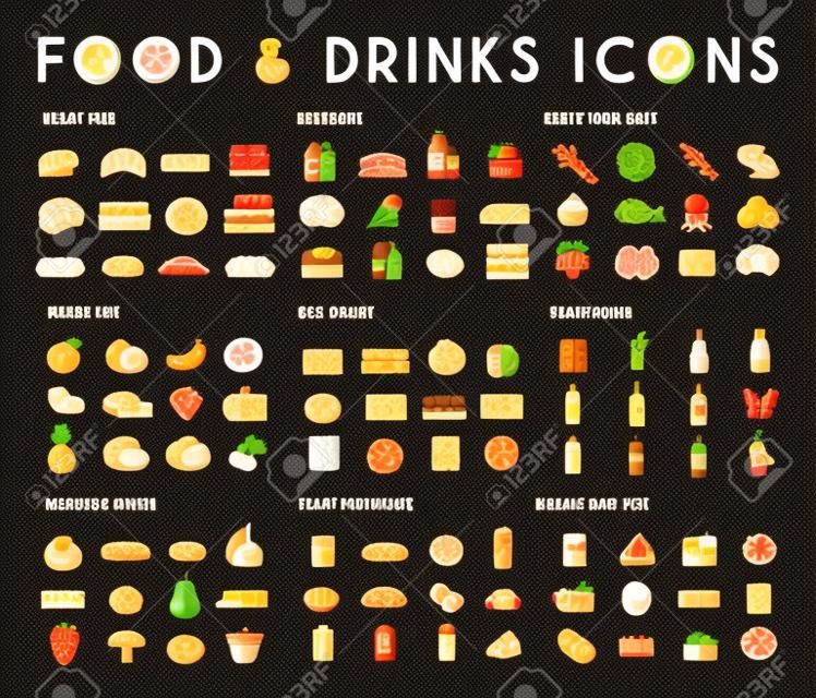 Eten en drinken platte vector iconen set. Vlees, melk, brood, zeevruchten, fruit, groenten, alcohol fast food dessert