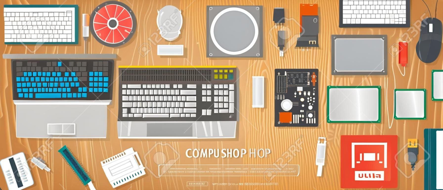Computer shop. Various computer parts are on the table. Web flat vector banner.