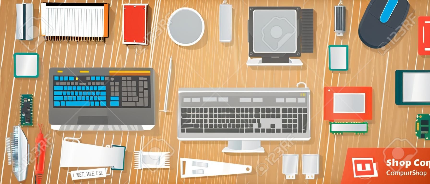Computer shop. Various computer parts are on the table. Web flat vector banner.