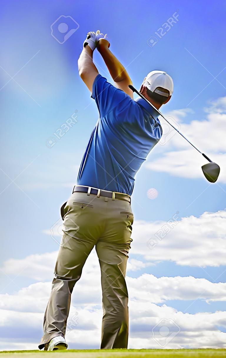 Photograph of a golfer finishing a full swing