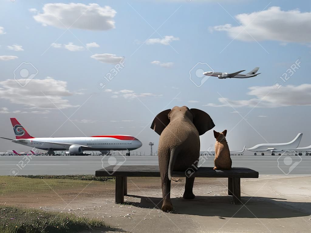 大象和狗坐在機場