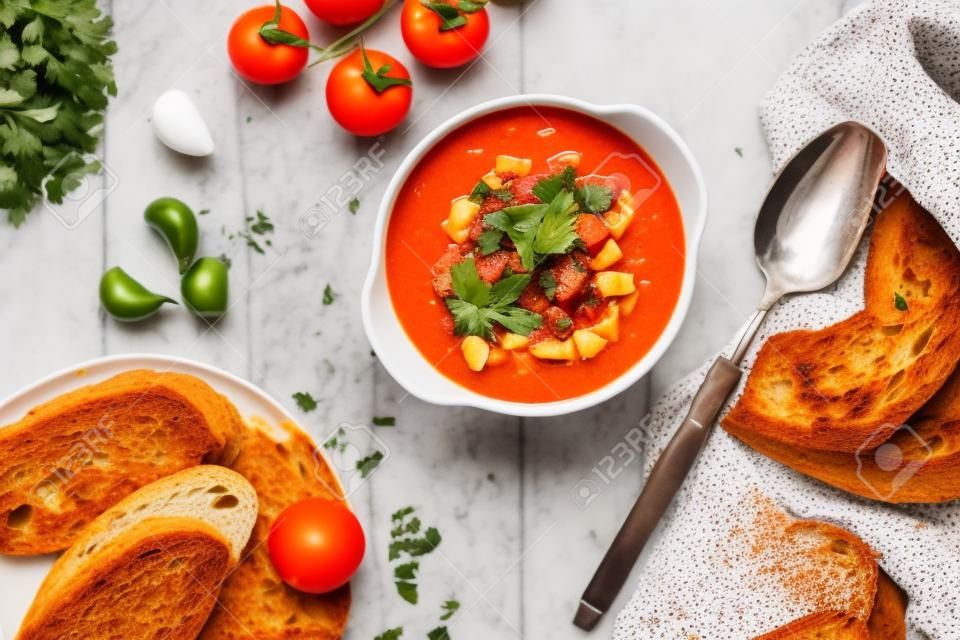 Flat lay with spanish cold tomato soup salmorejo, bread and other ingredients