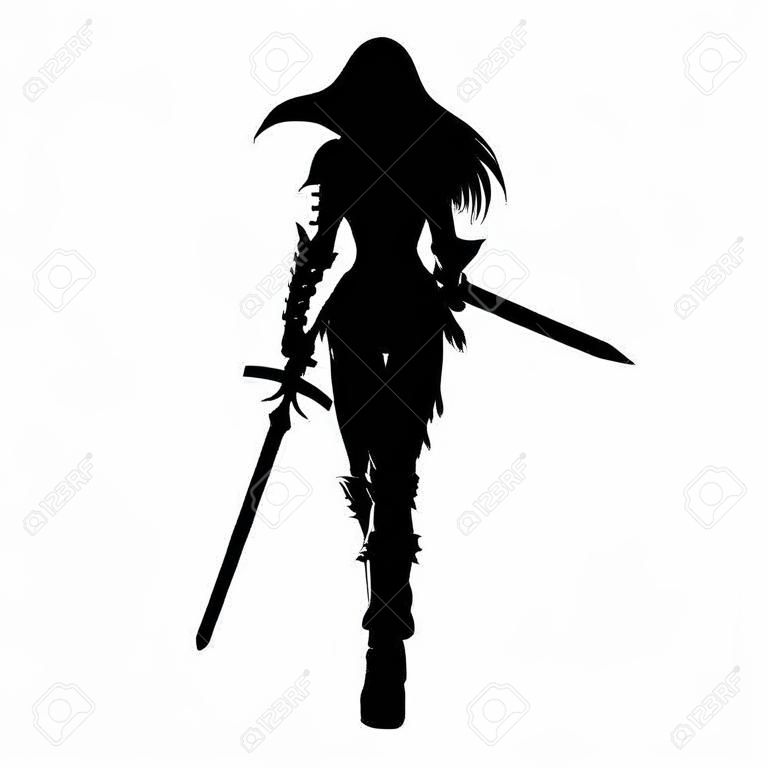 程式化轮廓的步行妇女战士与剑在幻想装甲提供矢量EPS格式