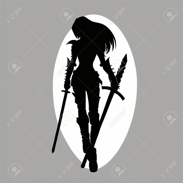 Stylized silhouette of walking woman warrior with sword, in fantasy armor  Available in vector EPS format  