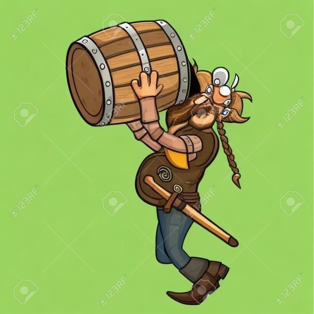 例证动画片北欧海盗。他从桶里喝啤酒。可用矢量EPS格式。