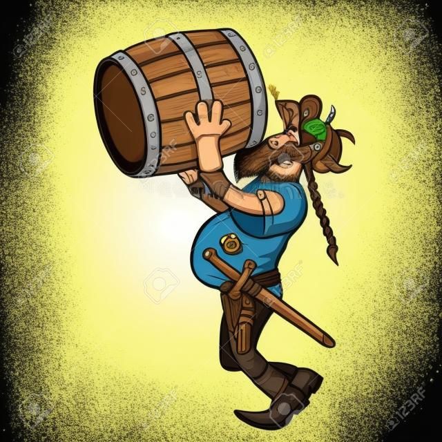 Ilustração um viking dos desenhos animados. Ele está bebendo uma cerveja de um barril. Disponível no formato vector EPS.