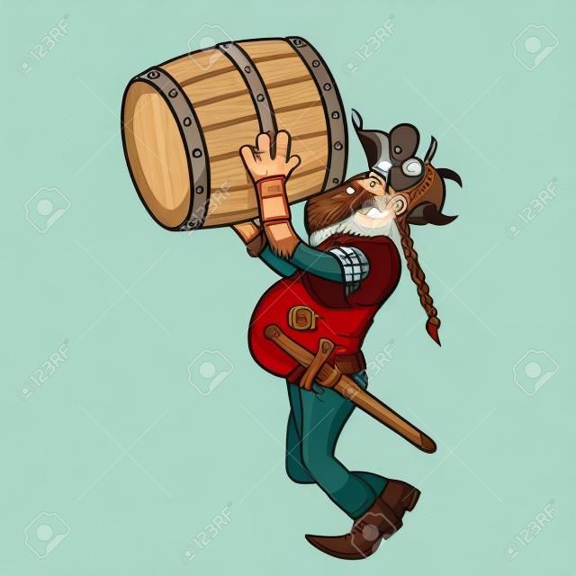 Ilustração um viking dos desenhos animados. Ele está bebendo uma cerveja de um barril. Disponível no formato vector EPS.