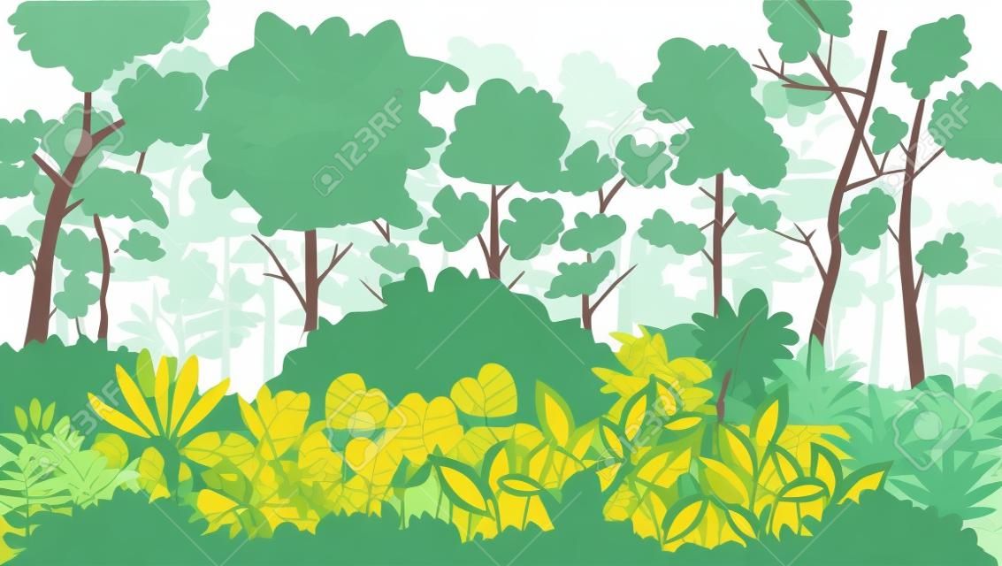 森林景観ベクトルイラストレーション。ジャングルの中の多くの木。森の中の低木。