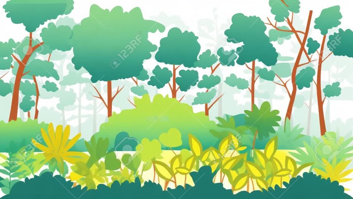 Illustrazione di vettore del paesaggio della foresta. Molti alberi nella giungla. Arbusti nella foresta.