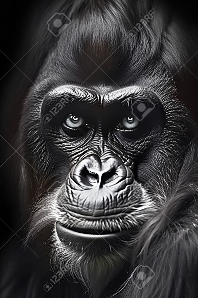 Macaco assustador ou Bigfoot, olhar ameaçador assustador olhos cabeça retrato close-up, fundo preto