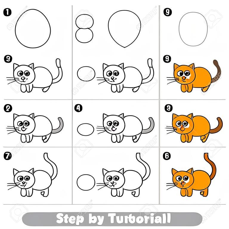 Step by step drawing tutorial. Visual game for kids. How to draw a Small Kitten