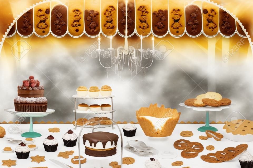 展示糕饼店的各种蛋糕、馅饼、饼干和纸杯蛋糕