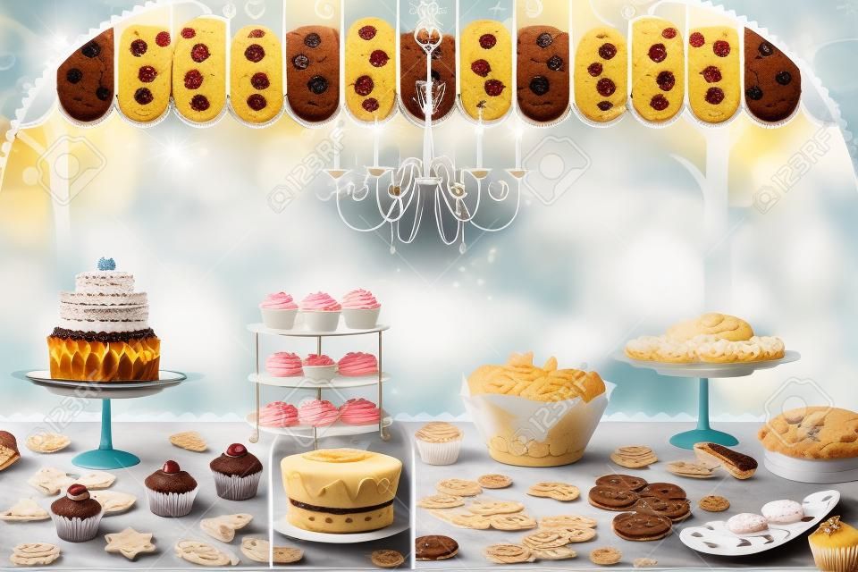 Showcase pastelaria com uma variedade de bolos, tortas, biscoitos e cupcakes