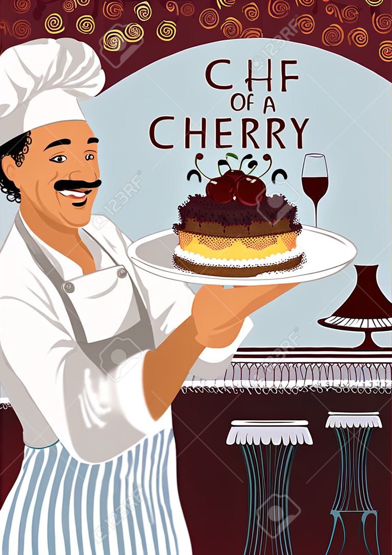 Chef of a restaurant holding a plate with cherry cake