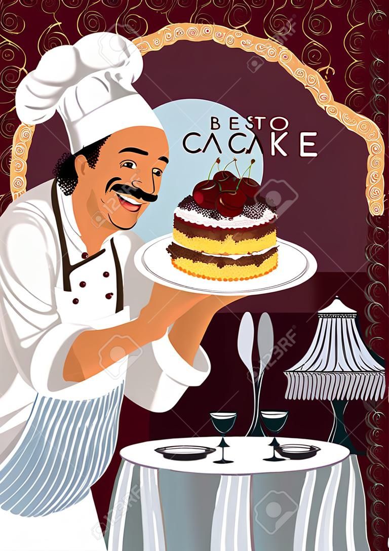 Le chef d'un restaurant tenant une assiette avec un gâteau de cerise