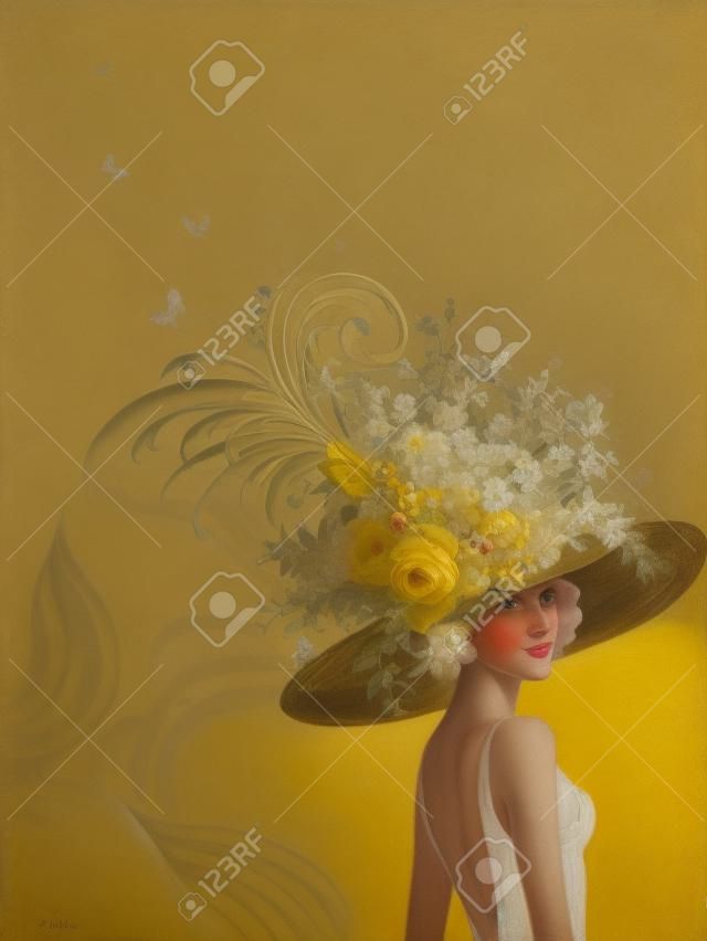 Retrato de una mujer joven en la decoración del sombrero amarillo con flores
