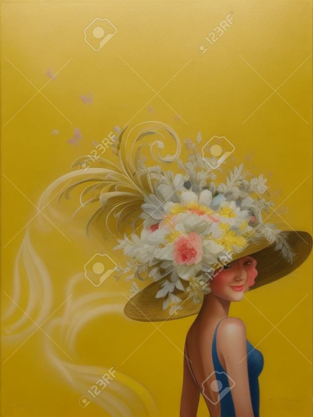 꽃과 노란 모자 장식에 젊은 여자의 초상화