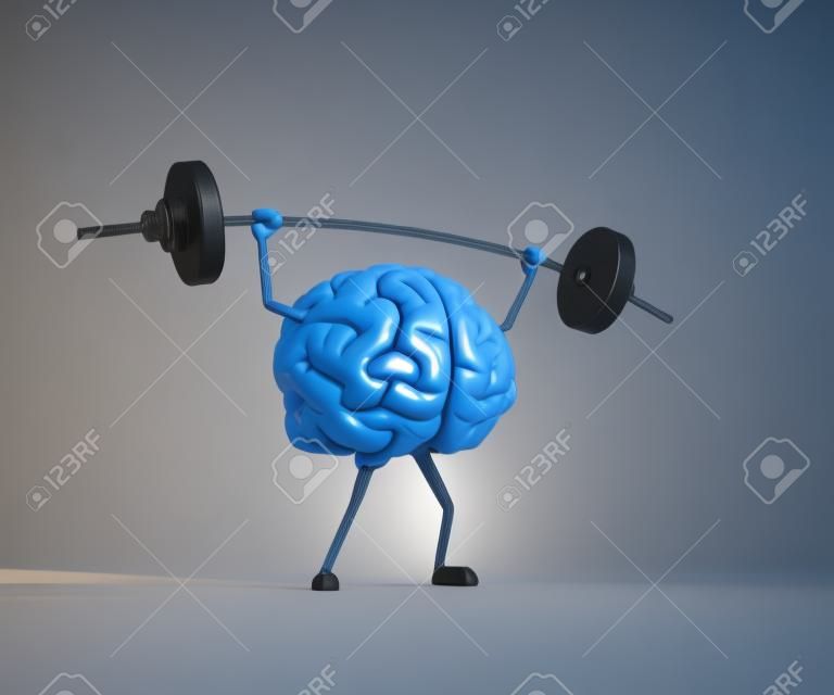 Cerveau humain bleu soulevant du poids. Leçons privées et concept de connaissances. Ceci est une illustration de rendu 3d