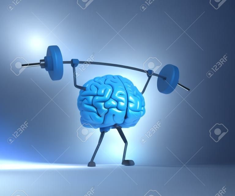 青い人間の脳の重量挙げ。プライベートレッスンと知識の概念。これは3Dレンダリングのイラストです