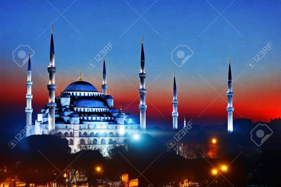 Blue Mosque in Istanbul, with lantern light on blue sky background at sunset