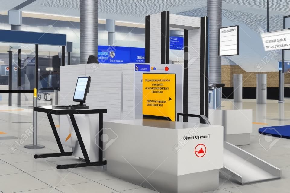 Punkt kontroli bezpieczeństwa na lotnisku z wykrywaczem metalu