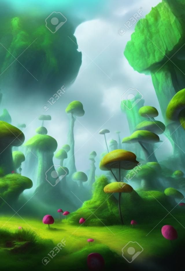 Concept art illustration of fantasy landscape with mushrooms