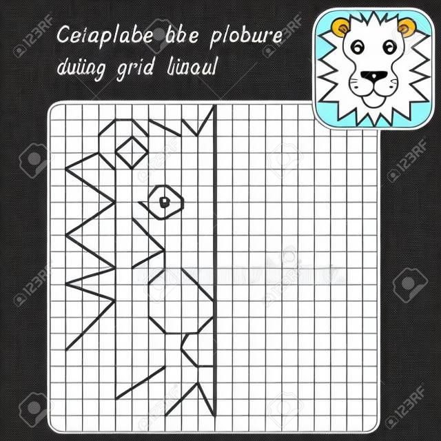 Educational game for kids. Simple exercise Lion. Drawing using grid. Symmetrical drawing. Vector illustration.