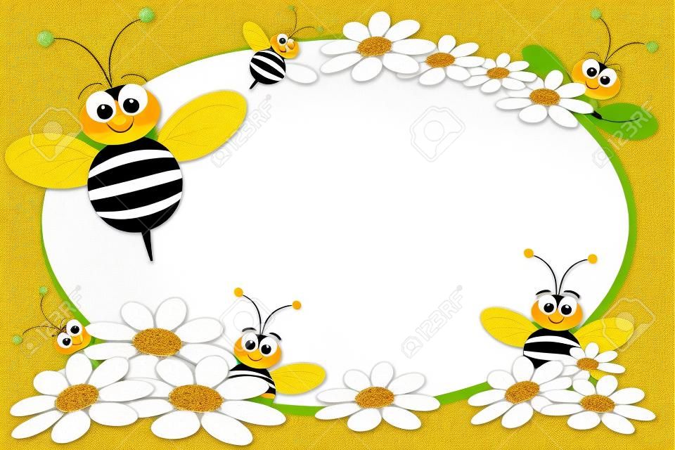 Bloc de notas con el niño abejas y margaritas blancas - los marcos de fotos o un mensaje para los niños