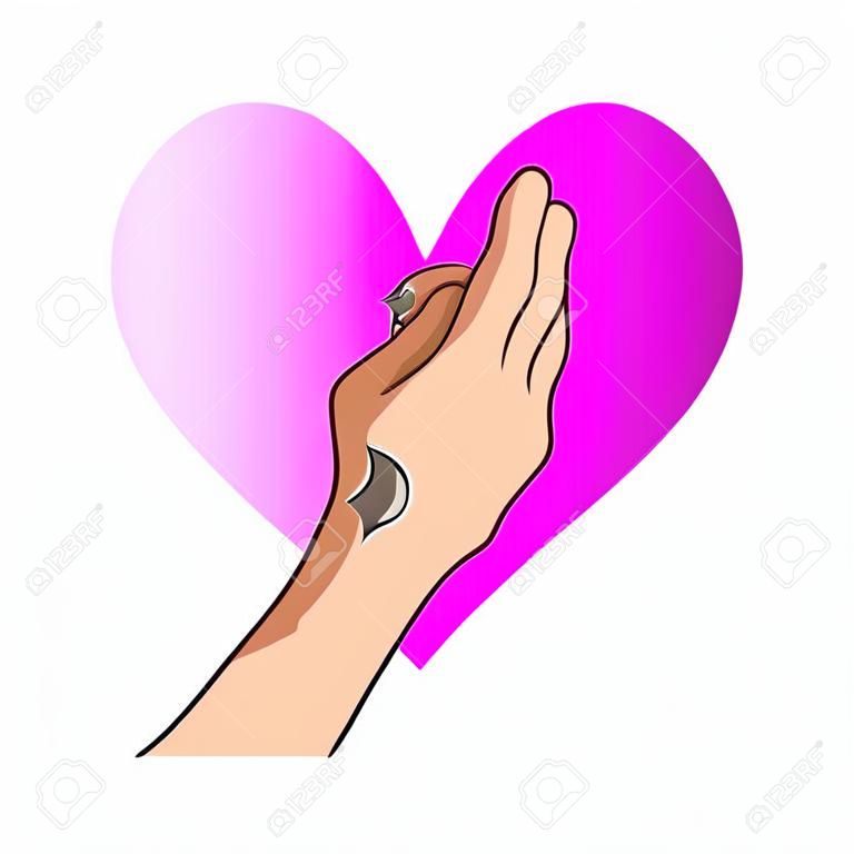 Dog paw and human hand, logo On the background of 
hearts. Vector illustration on white background