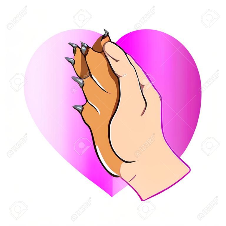 Dog paw and human hand, logo On the background of 
hearts. Vector illustration on white background