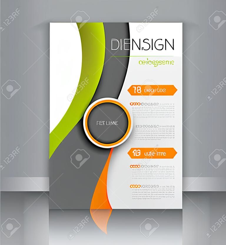 チラシ テンプレート。ビジネス パンフレット。デザイン、教育、プレゼンテーション、web サイト、雑誌の表紙の編集可能な a4 サイズのポスターです。緑とオレンジ色です。