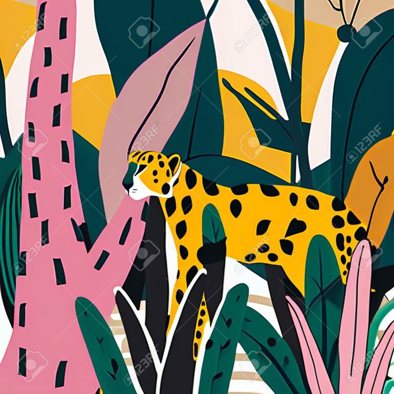 Cheetah in jungle leaves and cactus square print. Vector image