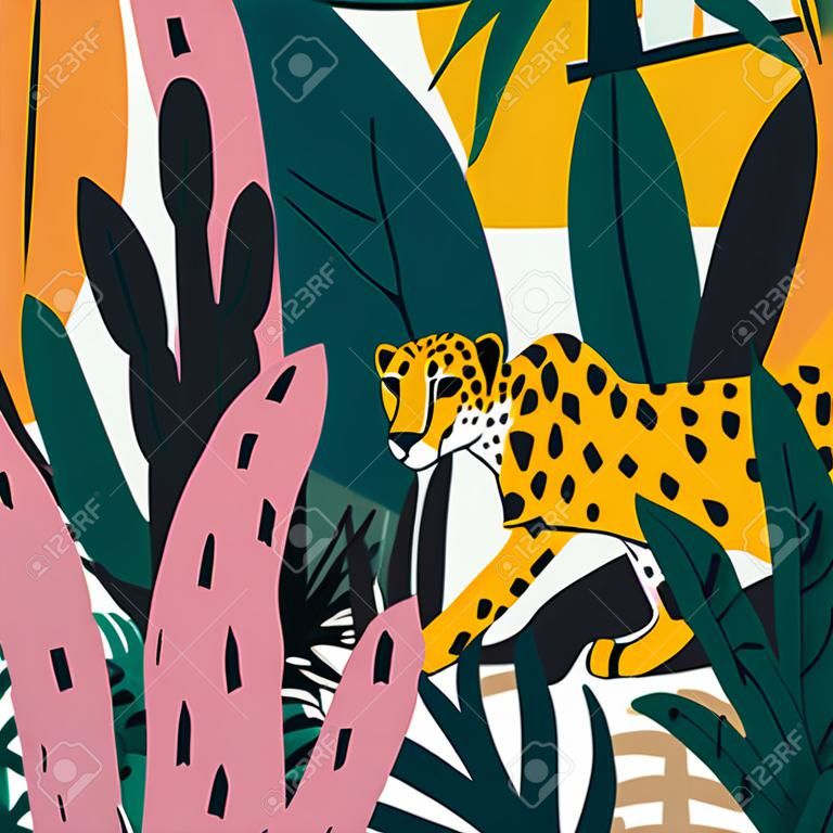 Cheetah in jungle leaves and cactus square print. Vector image