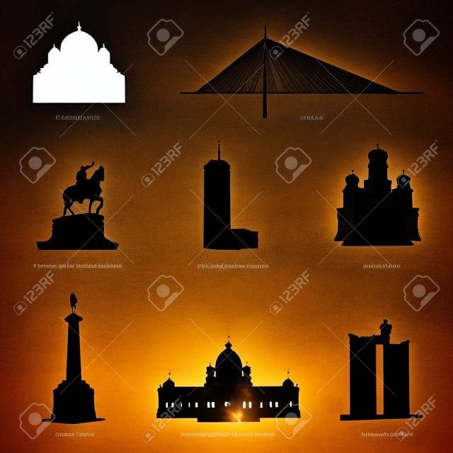 belgrade most famous buildings and statue black silhouette