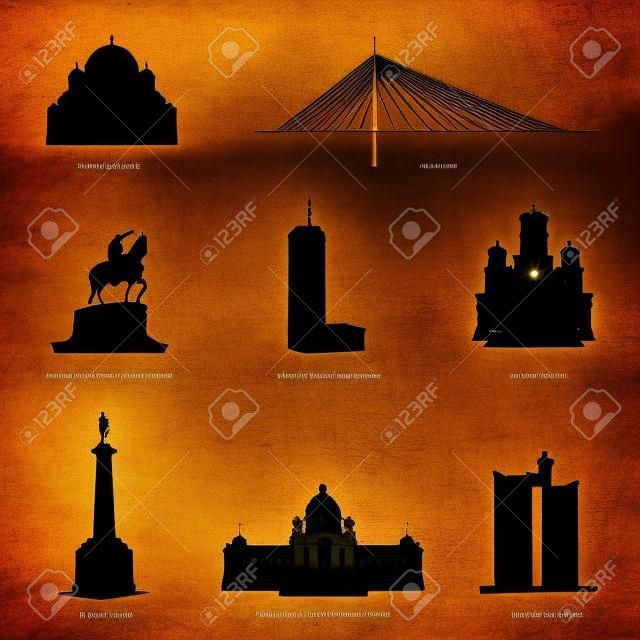 belgrade most famous buildings and statue black silhouette