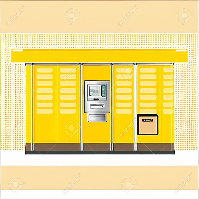 Vektör sonrası otomat çizim. Postomat markalı self servis kutular. Modern teknoloji teslimat servis makinesi. Otomasyon servis yazılım ofisi.
