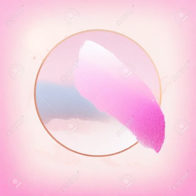 Penseelstreken in zachte delicate roze tinten en rozengouden cirkel frame. Abstract vectorfolie schitteren achtergrond.