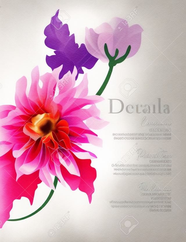Violet dahlia bloem, macro zonnebloem ontwerp, bloemen blsoom kaart. Vintage vakantie groeten kunst. Vector.