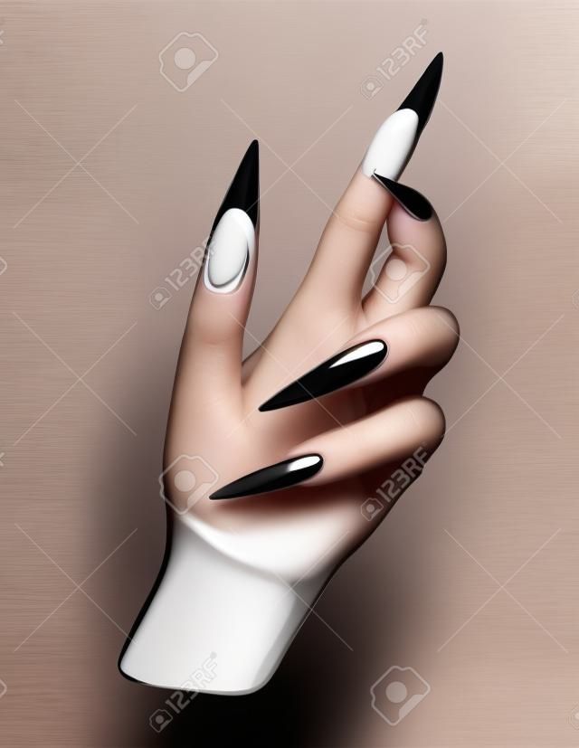 Long nails manicure women hand black skin acrylic fake manicure glamour illustration